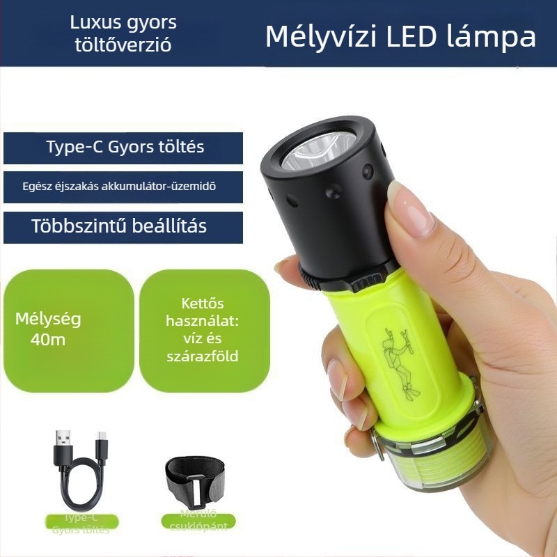 Búvár zseblámpa víz alatti világításhoz, vízálló, újratölthető, műanyag ház, erős fény, tengeri horgászat