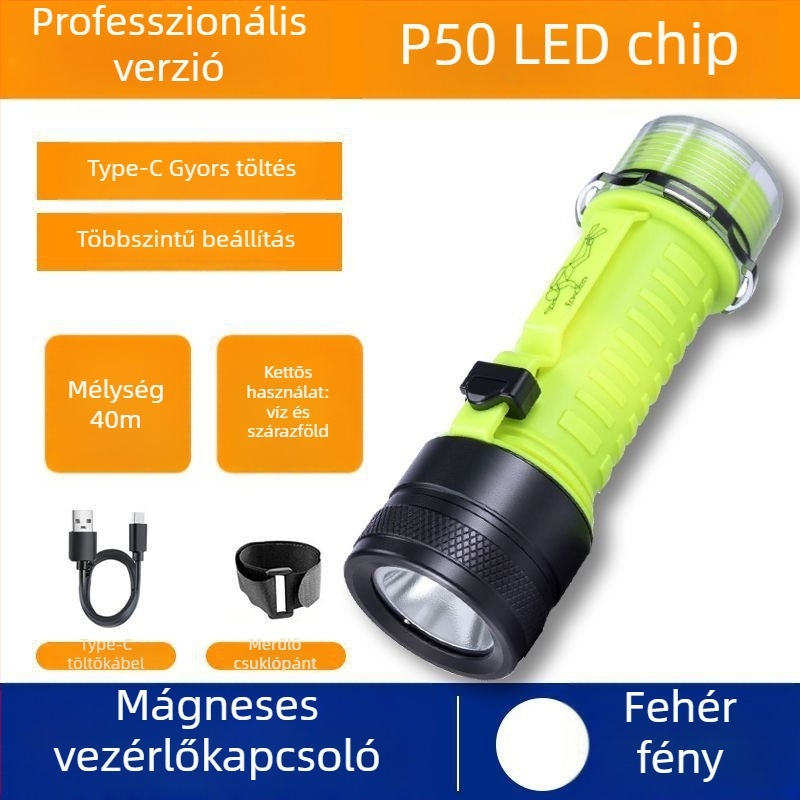 Búvár zseblámpa víz alatti világításhoz, vízálló, újratölthető, műanyag ház, erős fény, tengeri horgászat