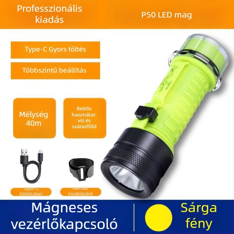 Búvár zseblámpa víz alatti világításhoz, vízálló, újratölthető, műanyag ház, erős fény, tengeri horgászat
