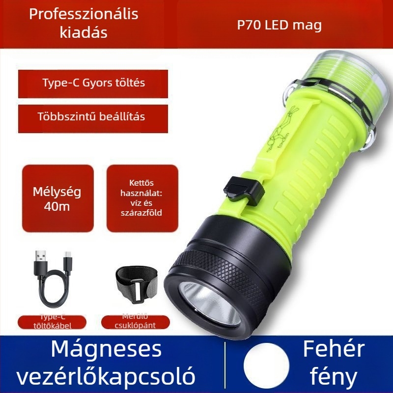Búvár zseblámpa víz alatti világításhoz, vízálló, újratölthető, műanyag ház, erős fény, tengeri horgászat