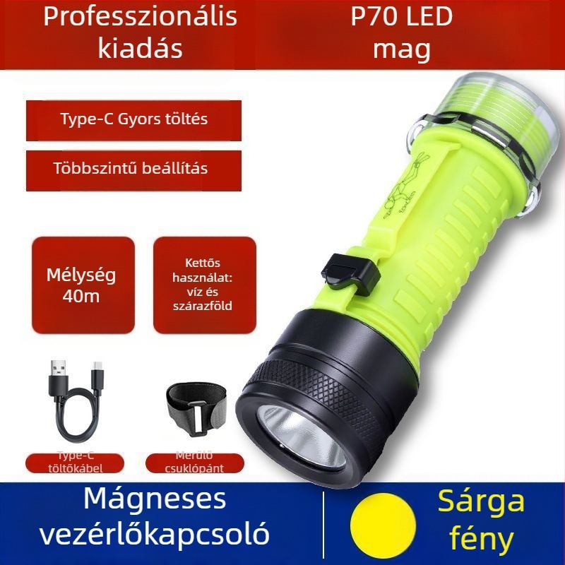 Búvár zseblámpa víz alatti világításhoz, vízálló, újratölthető, műanyag ház, erős fény, tengeri horgászat