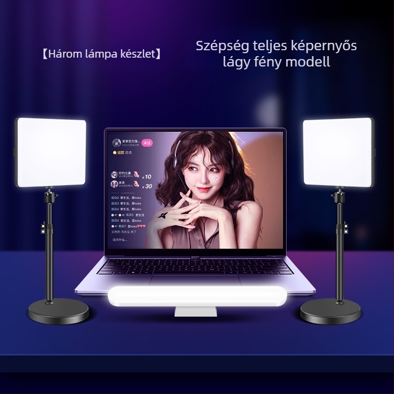 LED kiegészítő fény élő közvetítéshez, 15W, háromszínű színhőmérséklet, asztali tartó arc- és nyakmegvilágításhoz