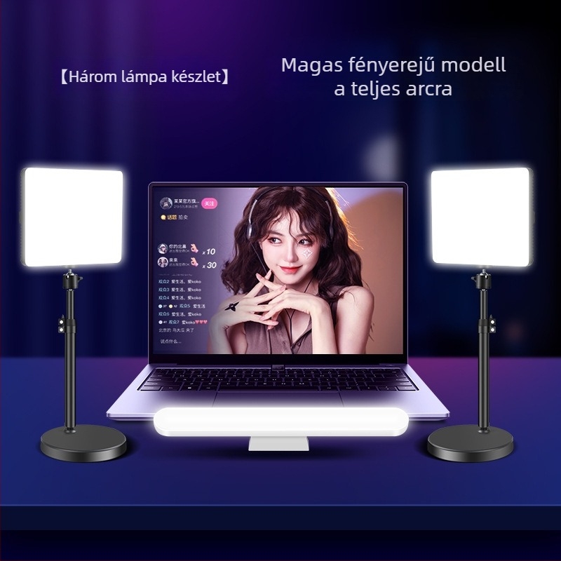 LED kiegészítő fény élő közvetítéshez, 15W, háromszínű színhőmérséklet, asztali tartó arc- és nyakmegvilágításhoz