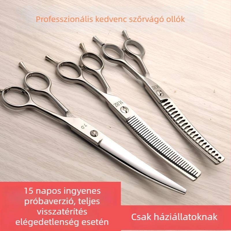 Kutyák ápolására szolgáló görbe pengéjű olló a szőr vágására és formázására