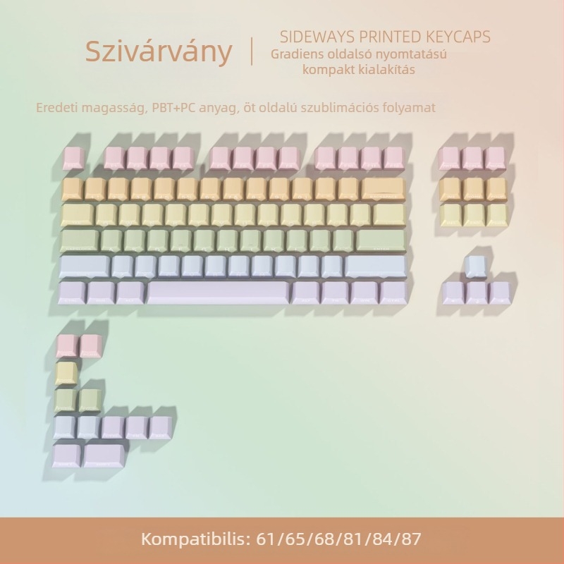 Gradiens színű, átlátszó billentyűsapkák 87- és 68-billentyűs mechanikus billentyűzethez, oldalról gravírozott, ötoldalú szublimáció, vezetékes csatlakozás