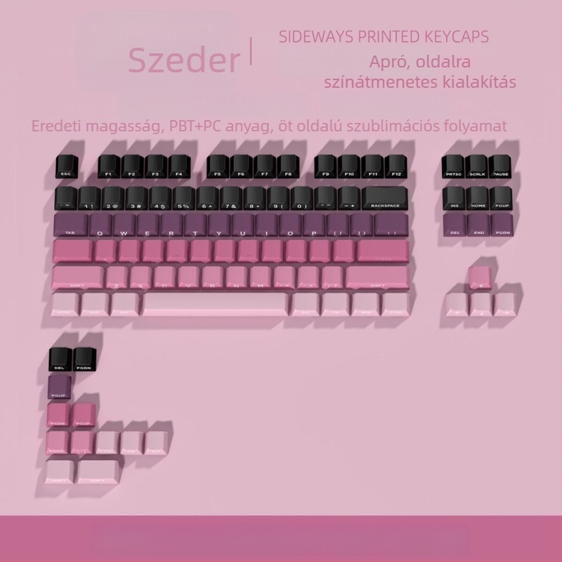 Gradiens színű, átlátszó billentyűsapkák 87- és 68-billentyűs mechanikus billentyűzethez, oldalról gravírozott, ötoldalú szublimáció, vezetékes csatlakozás