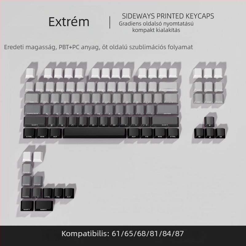 Gradiens színű, átlátszó billentyűsapkák 87- és 68-billentyűs mechanikus billentyűzethez, oldalról gravírozott, ötoldalú szublimáció, vezetékes csatlakozás
