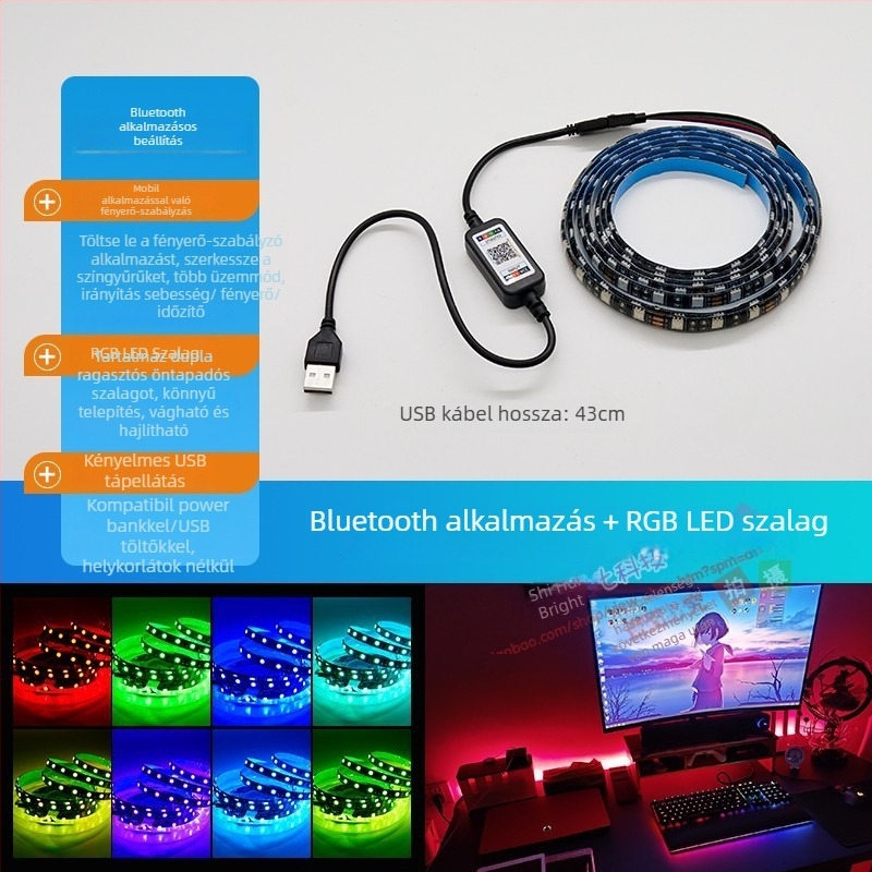 Öntapadós LED-szalag PC íróasztalhoz - USB táplálás, 5V bemenet, 12W, alkalmazásvezérlés, IP65
