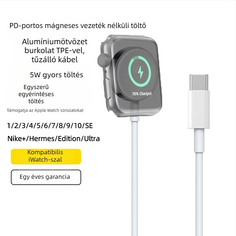 Apple Watch vezeték nélküli töltő mágneses alap, 5W PD gyors töltés, kompatibilis S1–S10