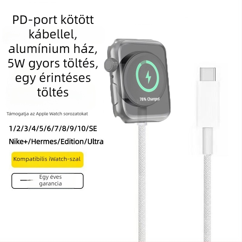 Apple Watch vezeték nélküli töltő mágneses alap, 5W PD gyors töltés, kompatibilis S1–S10