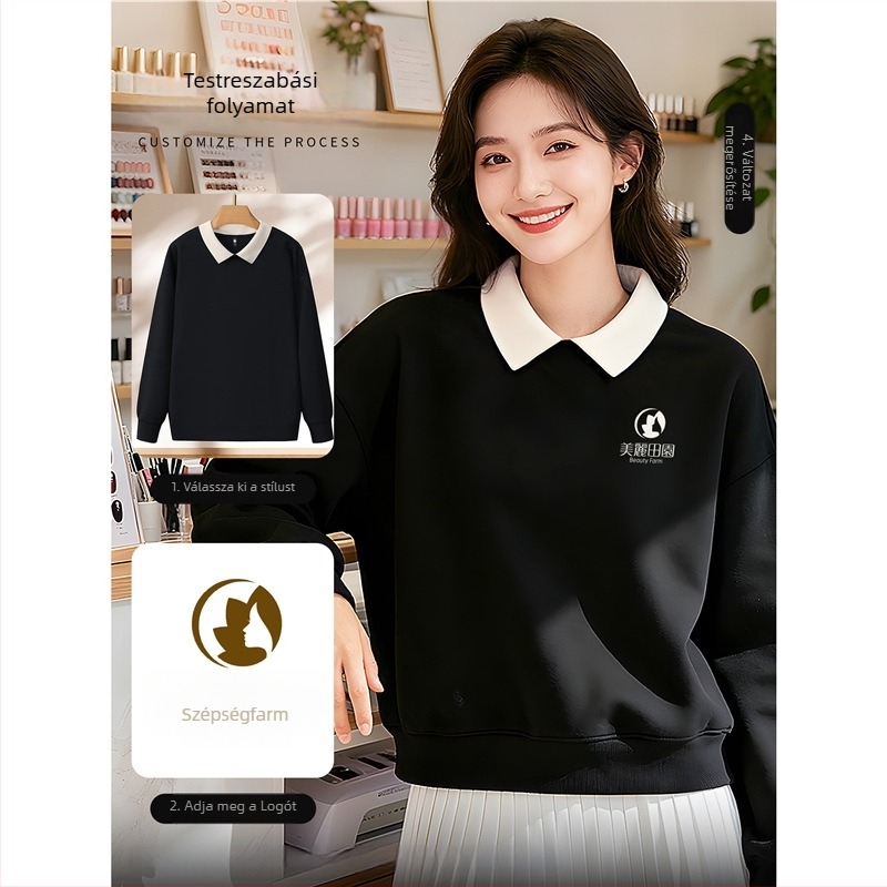 Csúcsminőségű kozmetikusok munkaruhája — egyedi logóval ellátott pulóver körömszalonoknak és szépségszalonoknak, őszi-téli, galléros hosszú ujjú. Fő anyag: spandex; anyag tartalom 30% alatt; szőrme gallér; antiszennyező és dezinfekciós funkció.