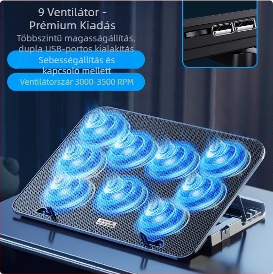 Notebook hűtőállvány A9, 6 ventilátorral, fém hálóval, 0,7 m kábellel, kompatibil notebookokkal