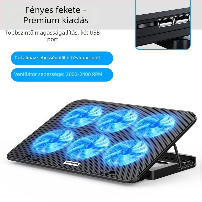 Notebook hűtőállvány A9, 6 ventilátorral, fém hálóval, 0,7 m kábellel, kompatibil notebookokkal