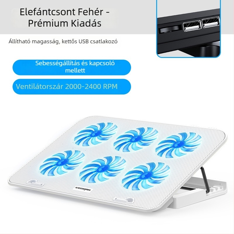 Notebook hűtőállvány A9, 6 ventilátorral, fém hálóval, 0,7 m kábellel, kompatibil notebookokkal