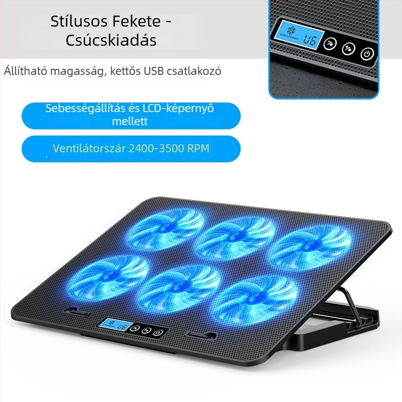 Notebook hűtőállvány A9, 6 ventilátorral, fém hálóval, 0,7 m kábellel, kompatibil notebookokkal