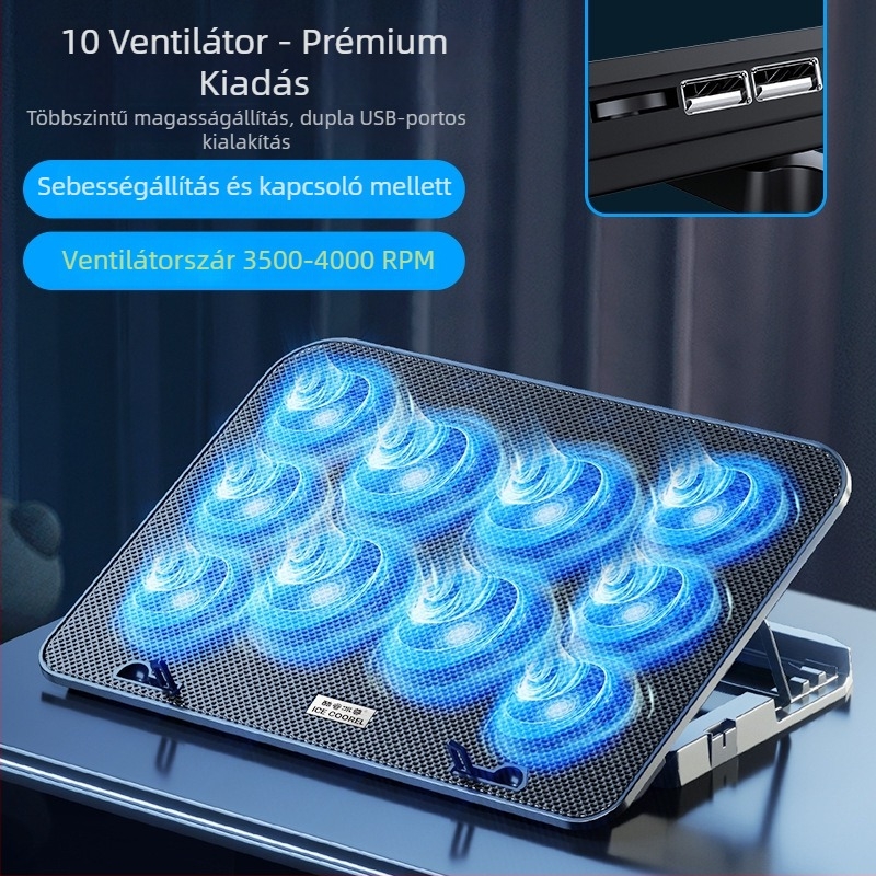 Notebook hűtőállvány A9, 6 ventilátorral, fém hálóval, 0,7 m kábellel, kompatibil notebookokkal