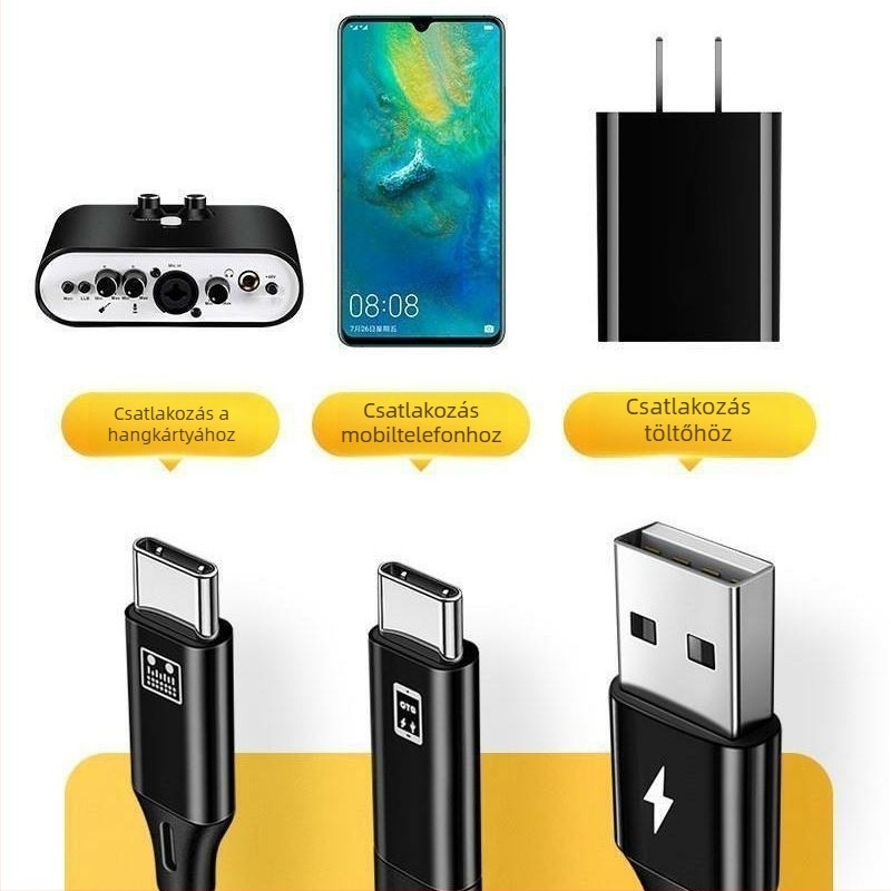 Multifunkciós OTG audió kábel, 1–2 elágazó, Apple Type-C kompatibilis, kiterjesztett átvitel, interfészek: Lightning/OTG/Micro USB/Type-C, maximális kimeneti teljesítmény 10, anyag: szőtt