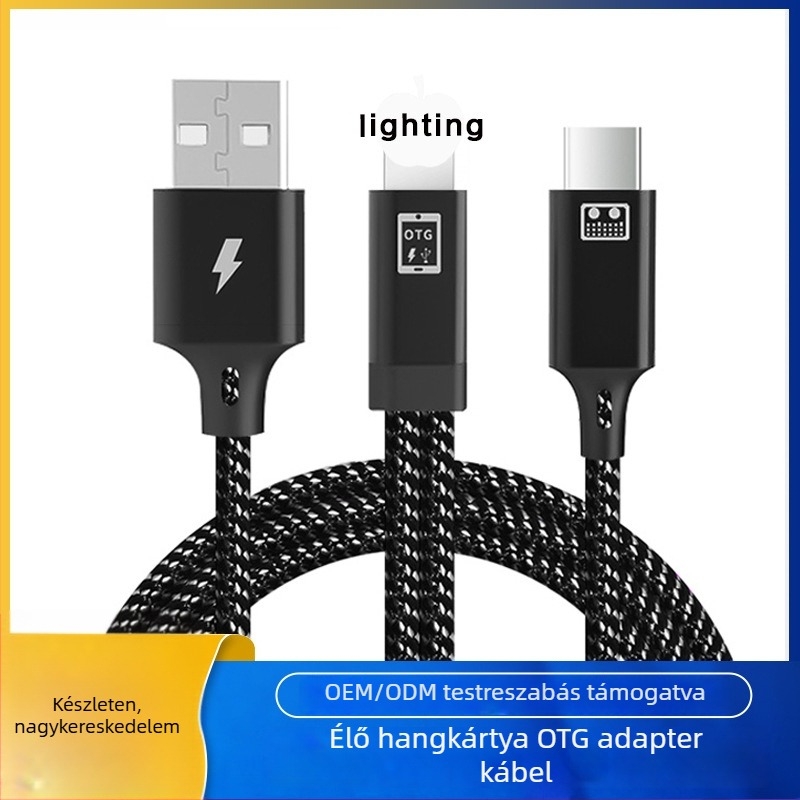 Multifunkciós OTG audió kábel, 1–2 elágazó, Apple Type-C kompatibilis, kiterjesztett átvitel, interfészek: Lightning/OTG/Micro USB/Type-C, maximális kimeneti teljesítmény 10, anyag: szőtt
