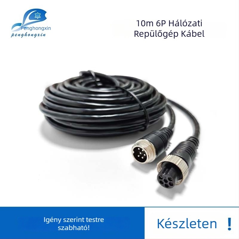 Autófelügyeleti kamera hosszabbító kábel, 6-tűs M12 légi csatlakozó, PVC burkolat, ROHS