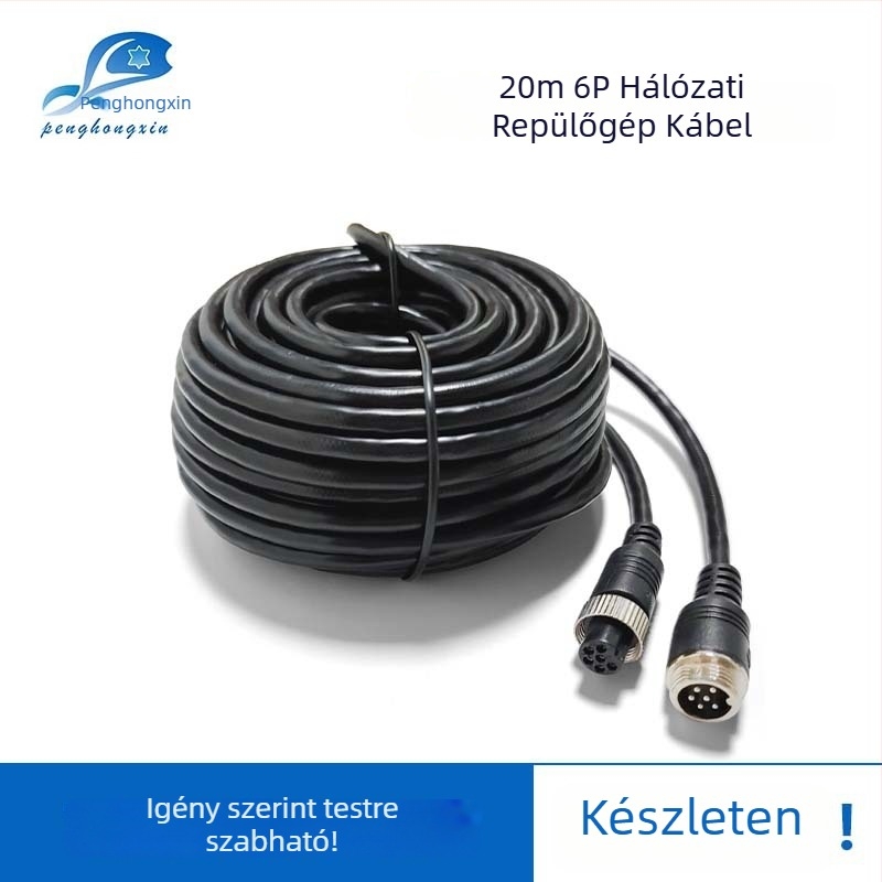 Autófelügyeleti kamera hosszabbító kábel, 6-tűs M12 légi csatlakozó, PVC burkolat, ROHS