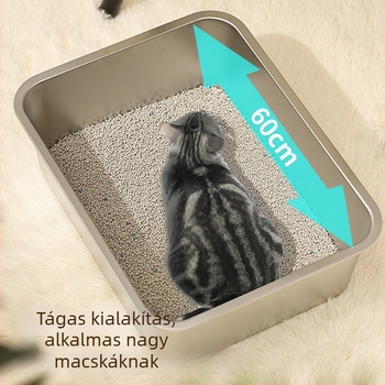 Nagy méretű nyitott macskaalmotálca spriccelés elleni dizájnnal és fogantyúval – fém + műanyag