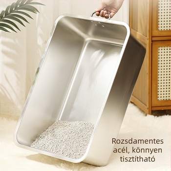 Nagy méretű nyitott macskaalmotálca spriccelés elleni dizájnnal és fogantyúval – fém + műanyag