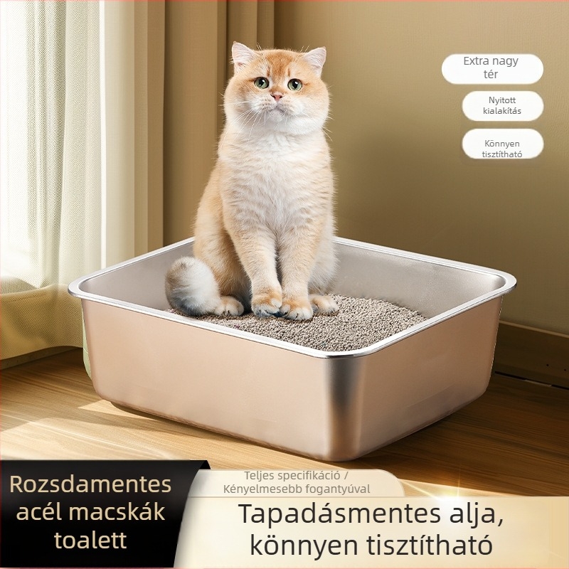 Nagy méretű nyitott macskaalmotálca spriccelés elleni dizájnnal és fogantyúval – fém + műanyag