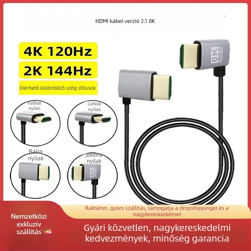 HDMI–HDMI hajlított kábel, többirányú hajlítás (fel/le/balra/jobbra), verzió 2.1, 8K-támogatás, hossz 1 m