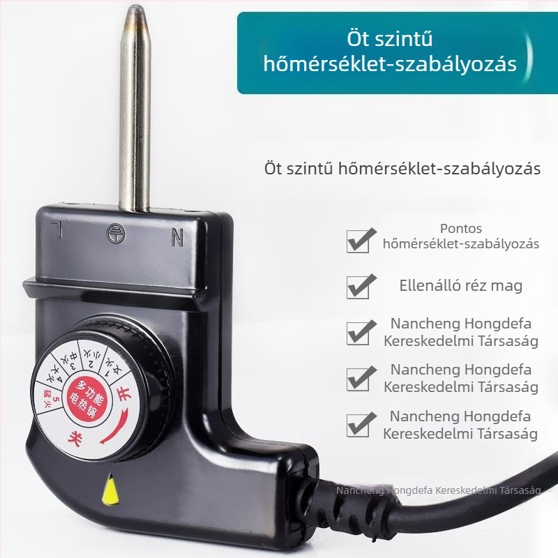 Koreai stílusú multifunkciós elektromos forró fazék, tápkábel hárompontos csatlakozóval, hőmérséklet-szabályozó kábel a fazékhoz és grill serpenyőhöz