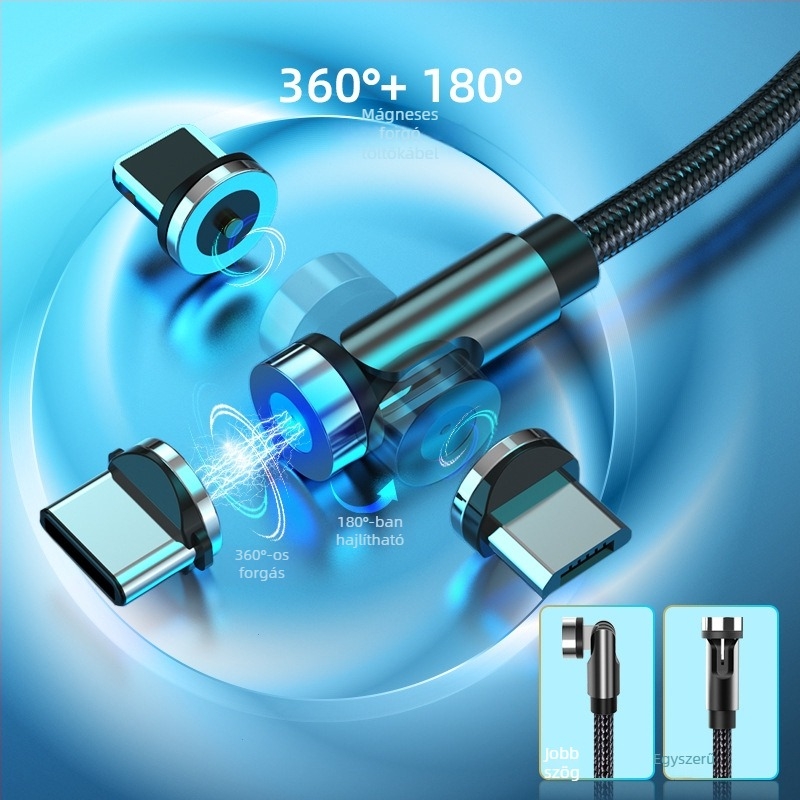 540°-os forgó mágneses adatkábel Lightning, Micro USB és Type-C csatlakozókkal, gyors töltés 2A-ig, fonott kialakítás