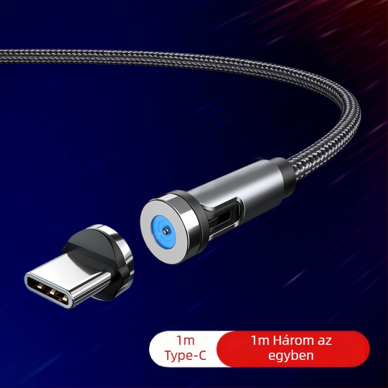 540°-os forgó mágneses adatkábel Lightning, Micro USB és Type-C csatlakozókkal, gyors töltés 2A-ig, fonott kialakítás