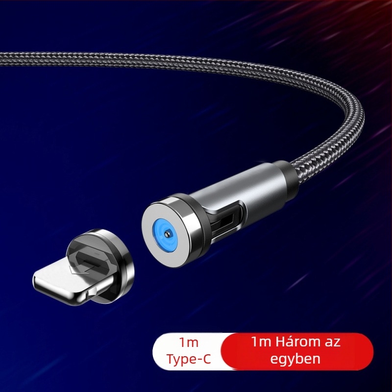 540°-os forgó mágneses adatkábel Lightning, Micro USB és Type-C csatlakozókkal, gyors töltés 2A-ig, fonott kialakítás