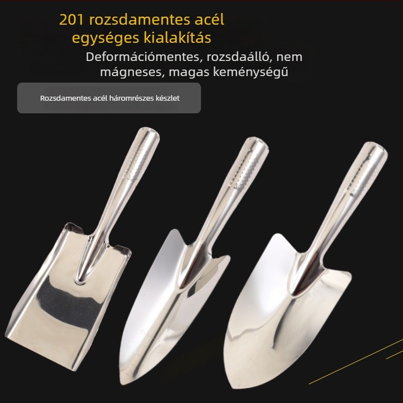 Rozsdamentes acélból készült, megerősített kerti ásó - ültetésre és strandhoz - három darabos készlet