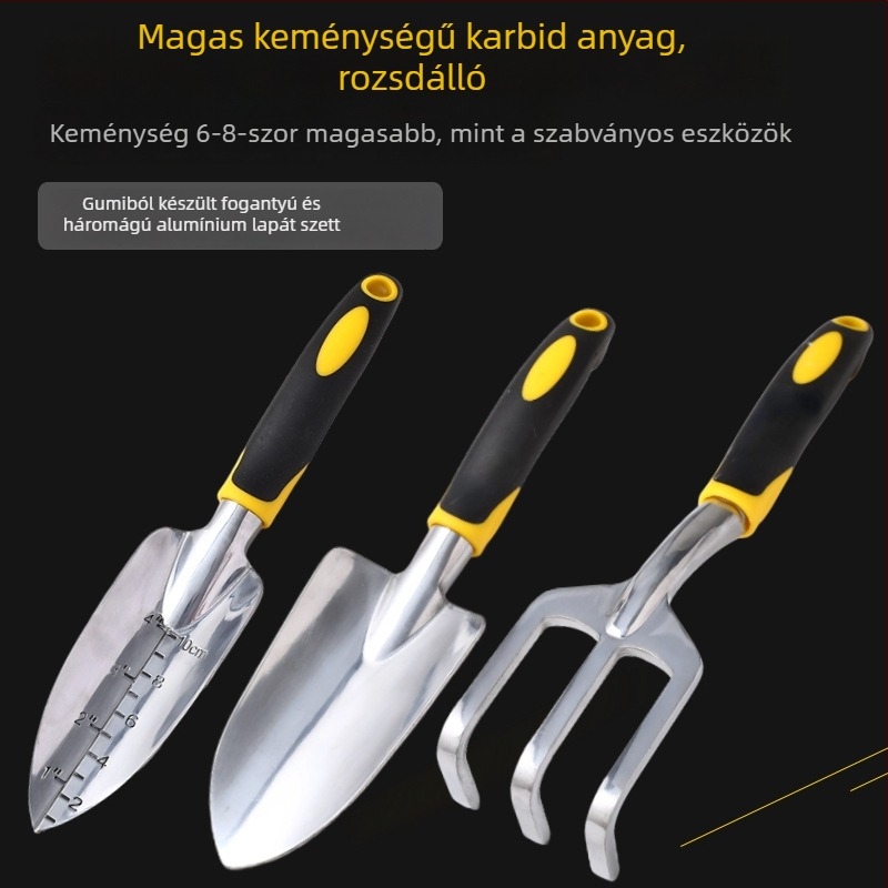 Rozsdamentes acélból készült, megerősített kerti ásó - ültetésre és strandhoz - három darabos készlet