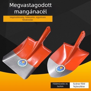Mangánacél-lapát fa nyéllel, vastagabb teljes acél felépítés, hegyes négyszögletes fej, háztartási használatra