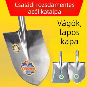 Mangánacél-lapát fa nyéllel, vastagabb teljes acél felépítés, hegyes négyszögletes fej, háztartási használatra