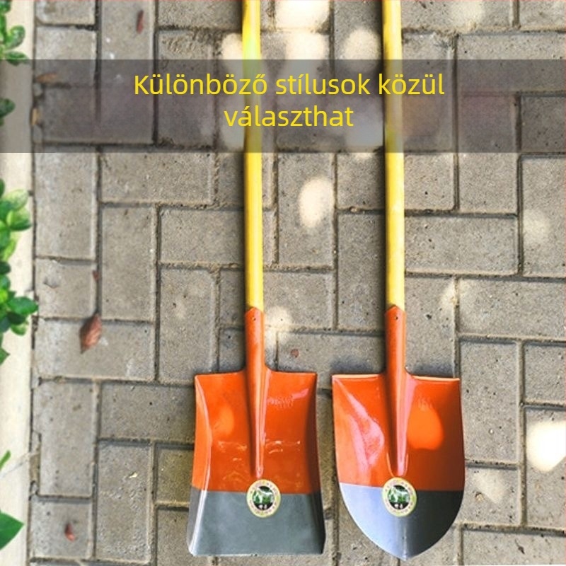 Mangánacél-lapát fa nyéllel, vastagabb teljes acél felépítés, hegyes négyszögletes fej, háztartási használatra