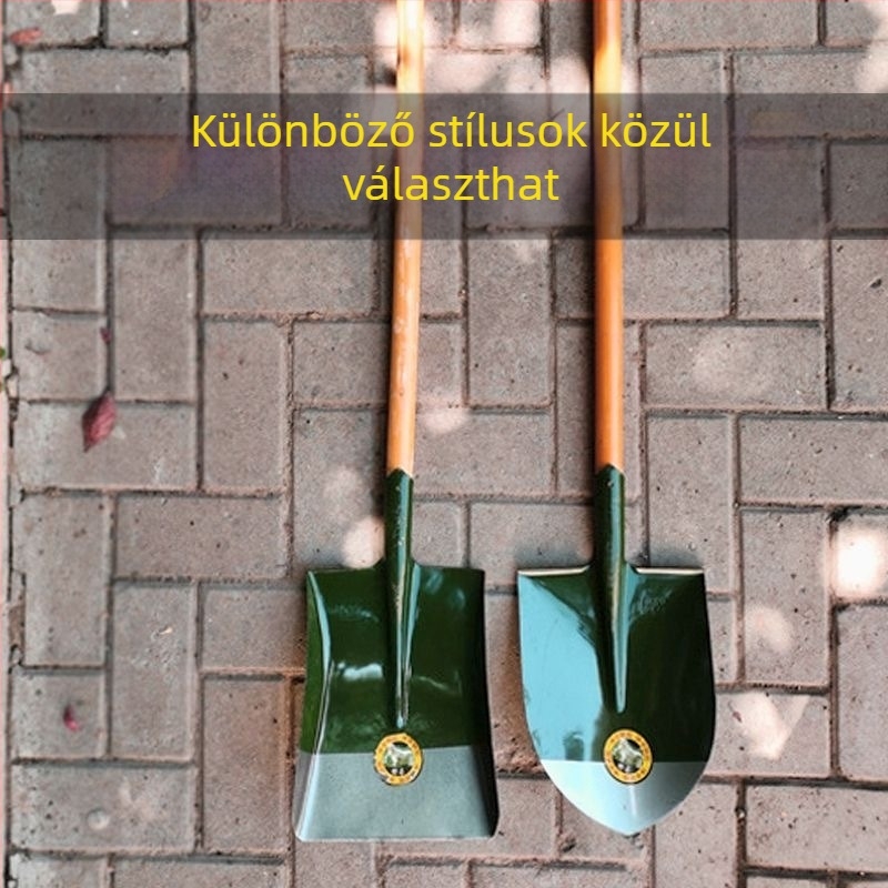 Mangánacél-lapát fa nyéllel, vastagabb teljes acél felépítés, hegyes négyszögletes fej, háztartási használatra