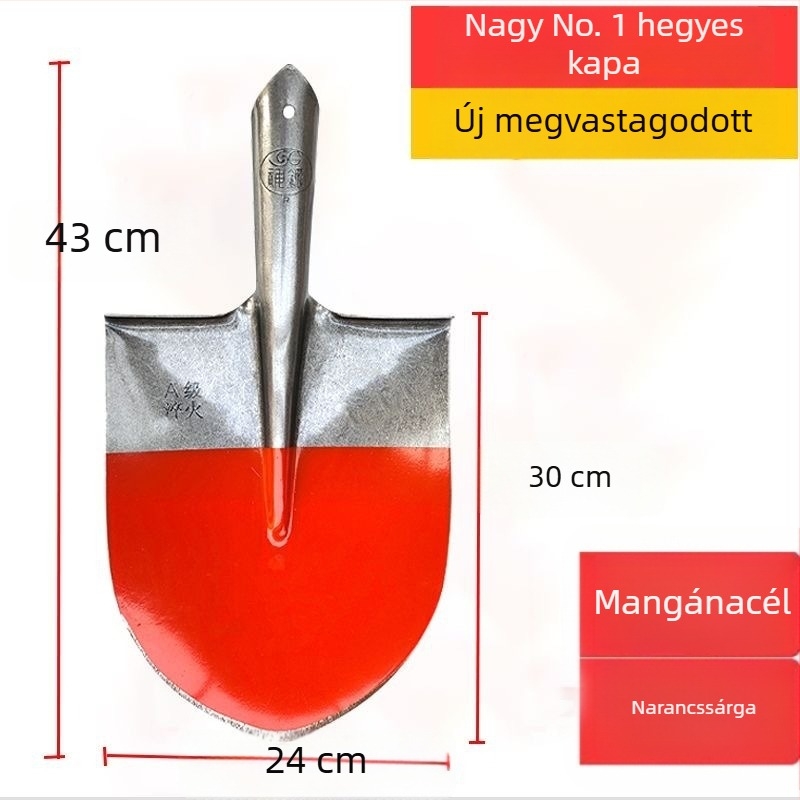 Mangánacél-lapát fa nyéllel, vastagabb teljes acél felépítés, hegyes négyszögletes fej, háztartási használatra