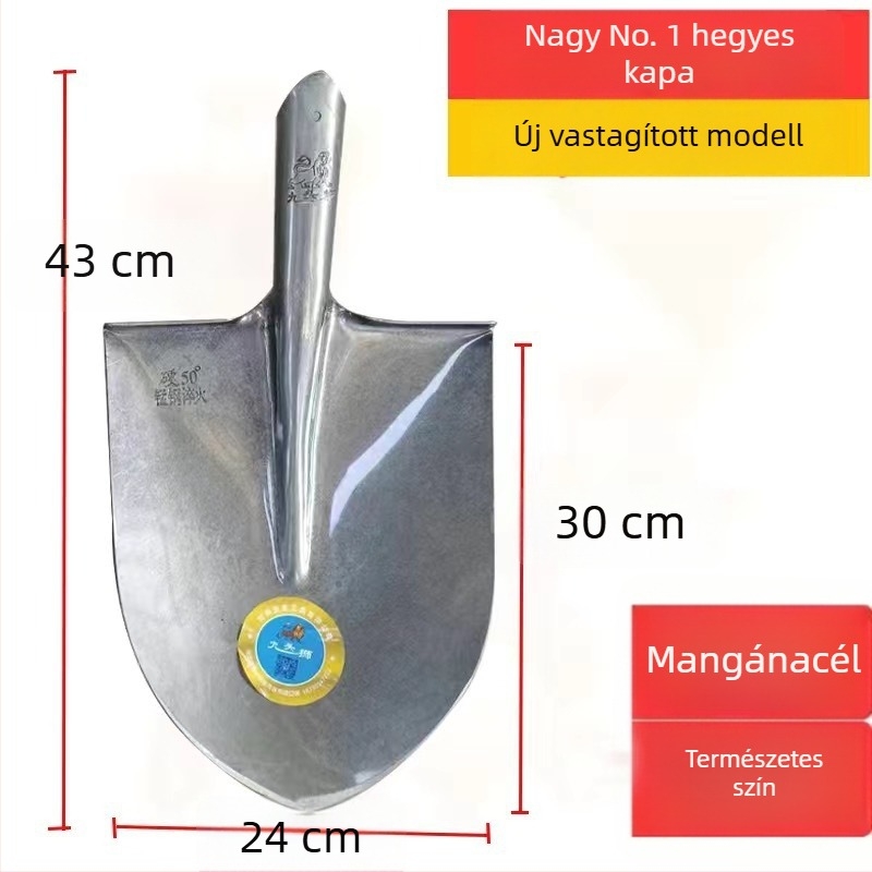 Mangánacél-lapát fa nyéllel, vastagabb teljes acél felépítés, hegyes négyszögletes fej, háztartási használatra