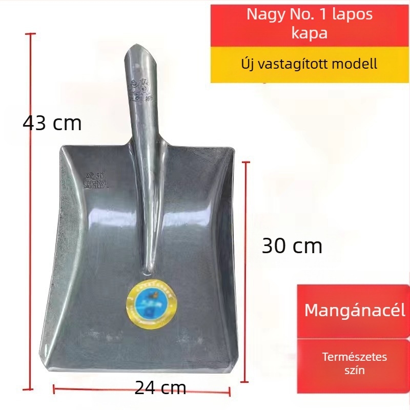 Mangánacél-lapát fa nyéllel, vastagabb teljes acél felépítés, hegyes négyszögletes fej, háztartási használatra
