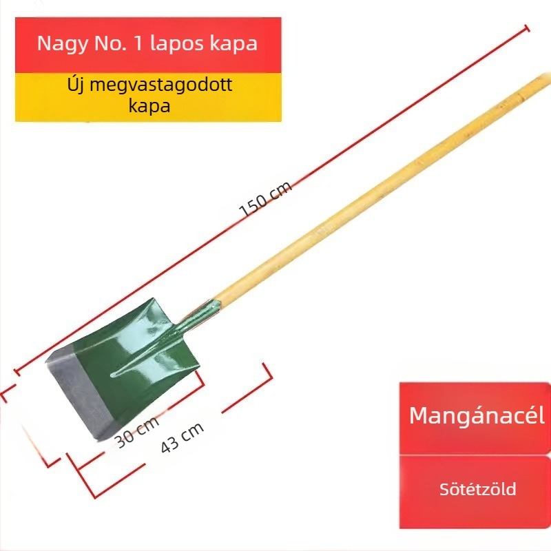 Mangánacél-lapát fa nyéllel, vastagabb teljes acél felépítés, hegyes négyszögletes fej, háztartási használatra