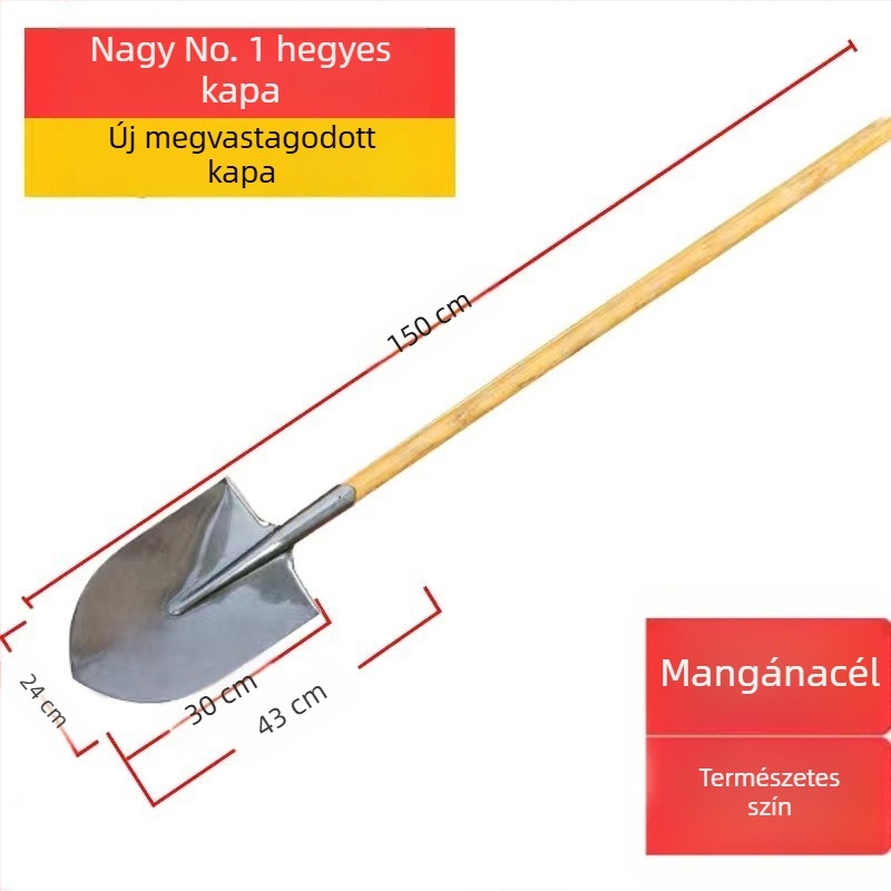 Mangánacél-lapát fa nyéllel, vastagabb teljes acél felépítés, hegyes négyszögletes fej, háztartási használatra