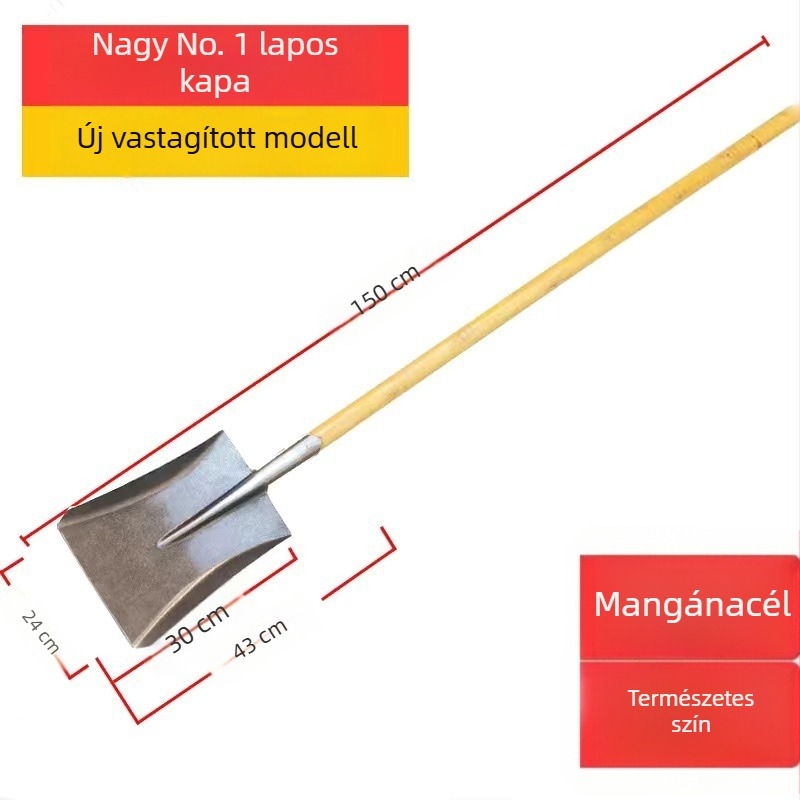 Mangánacél-lapát fa nyéllel, vastagabb teljes acél felépítés, hegyes négyszögletes fej, háztartási használatra