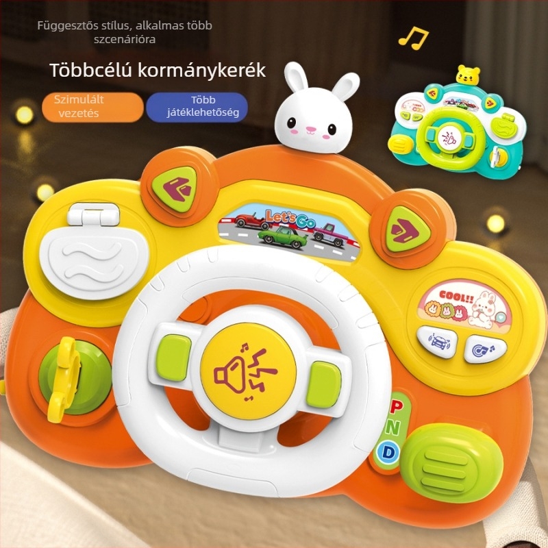 Gyermekeknek szóló edukációs elektromos kormánykerék játék – ko-pilóta simulációval, világítással és zenével, babakocsira akasztható, 0–3 éveseknek