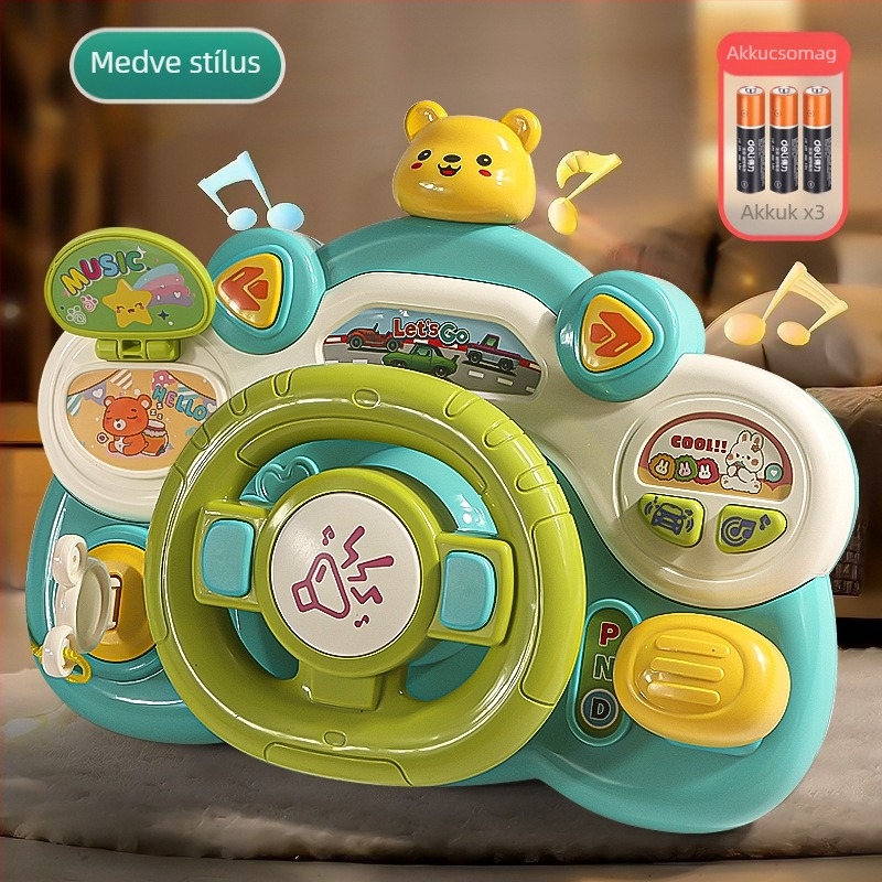Gyermekeknek szóló edukációs elektromos kormánykerék játék – ko-pilóta simulációval, világítással és zenével, babakocsira akasztható, 0–3 éveseknek