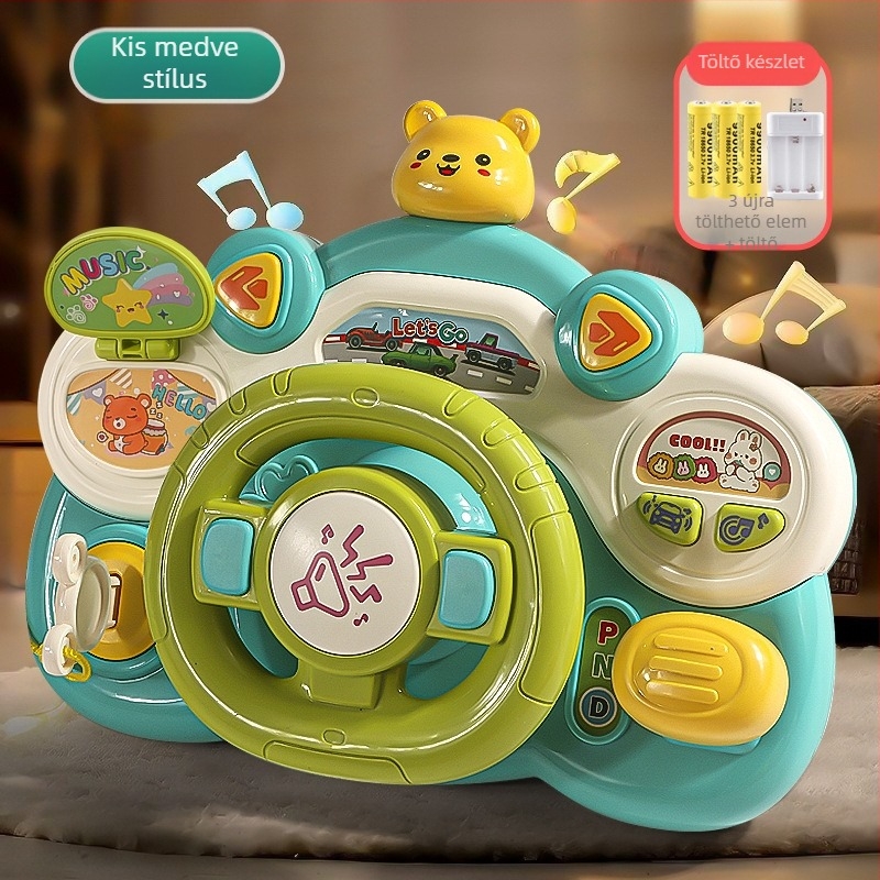 Gyermekeknek szóló edukációs elektromos kormánykerék játék – ko-pilóta simulációval, világítással és zenével, babakocsira akasztható, 0–3 éveseknek
