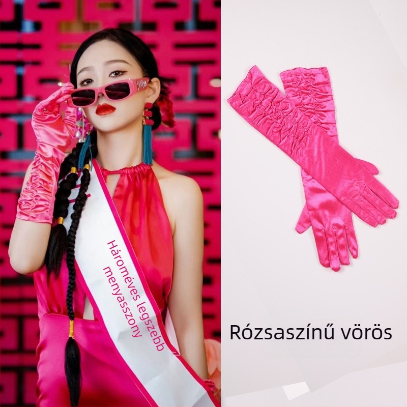 Szatén kesztyűk – középméretű pliszírozott stílus, univerzális, dekoratív nőknek