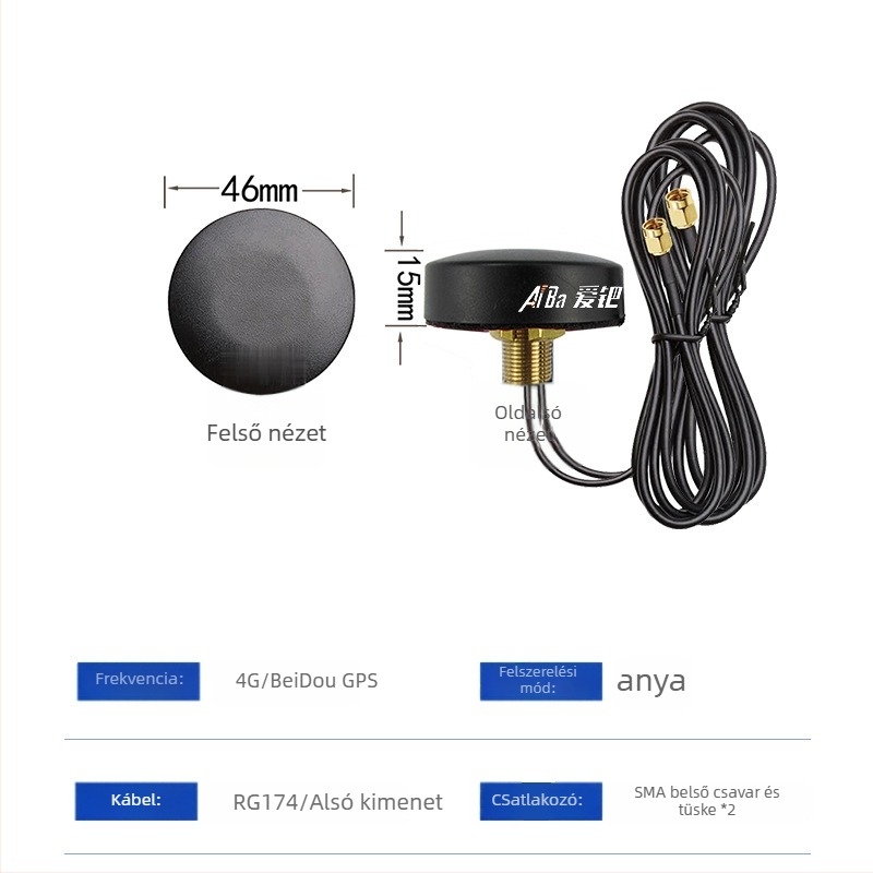 Beidou GPS szekrényantenna aktív LNA-val, 3V/5V tápegység, SMA csatlakozó, kerek gomba forma