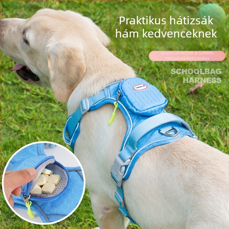 Fényvisszaverő kutya hám és póráz beépített hátizsákkal közepes és nagy testű kutyáknak